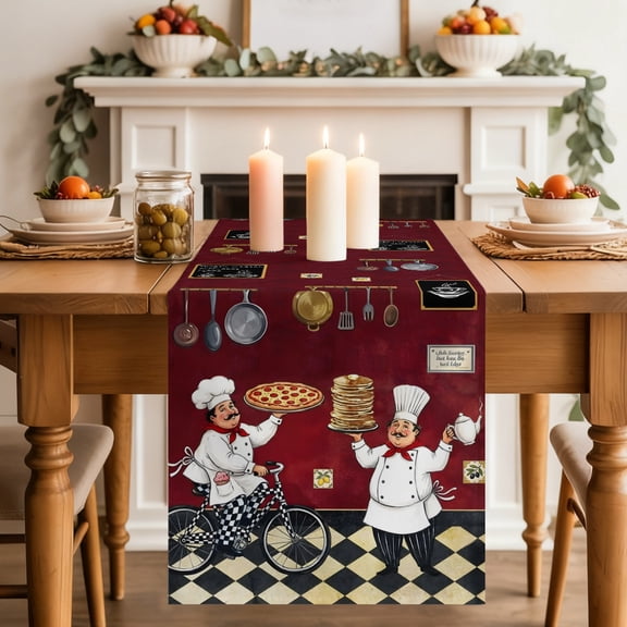 Retro Cartoon Chef Table Runner, Vintage Classic Pizza Food Rustic Red Farmhouse Washable Cotton-linen Table Runners Dining Kitchen Decoration for Everyday Home Wedding Party Decor, 13 x 60 Inch
