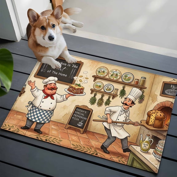 Retro Cartoon Chef Washable Entry Rug 2x3 Vintage Classic Food Farmhouse Rustic Kitchen Low Pile Indoor Door Mat with Rubber Backing Thin Area Rug for for Entrance, Bedroom, Kitchen, Bathroom