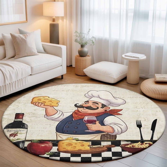 Retro Cartoon Chef Washable Round Area Rug 4 ft, Vintage Wine Cheese Farmhouse Traditional Soft Non Slip Rugs Stain Repellent Indoor Felt Carpet for Living Dining Room Bedroom Home Office