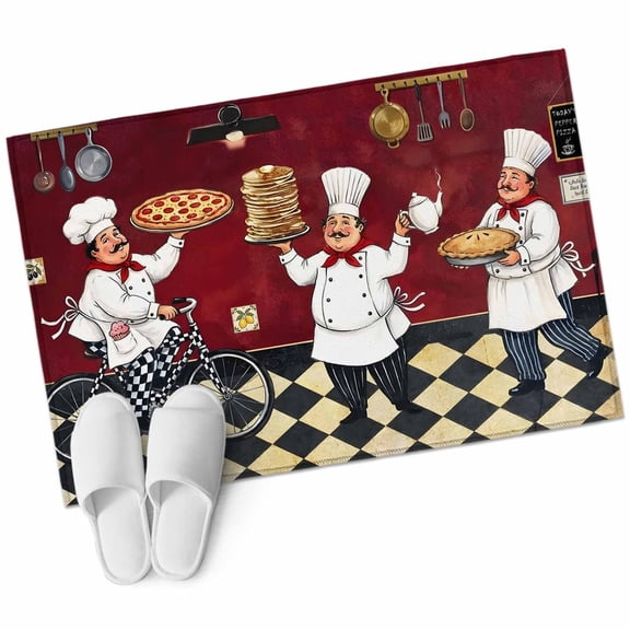 Retro Cartoon Chef Washable Small Entryway Area Rugs 2'x3', Vintage Classic Pizza Food Rustic Red Farmhouse Low Pile Throw Rug Non-Slip Sturdy Edge Binding Carpet for Front Door Floor Room Entry