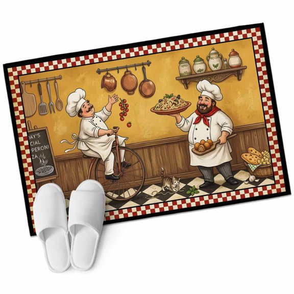 Retro Cartoon Chef Washable Small Entryway Area Rugs 2'x3', Vintage Food Farmhouse Rustic Classic Kitchen Low Pile Throw Rug Non-Slip Sturdy Edge Binding Carpet for Front Door Floor Room Entry