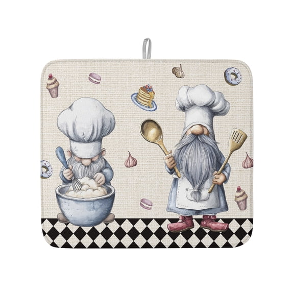Retro Cartoon Dessert Chef Gnome Dish Drying Mats for Kitchen Counter,Absorbent Microfiber Dish Drainer Rack Mat Black White Diamond Lattice Plaid Drying Pad for Sinks,Utensils,Countertops,16x18in