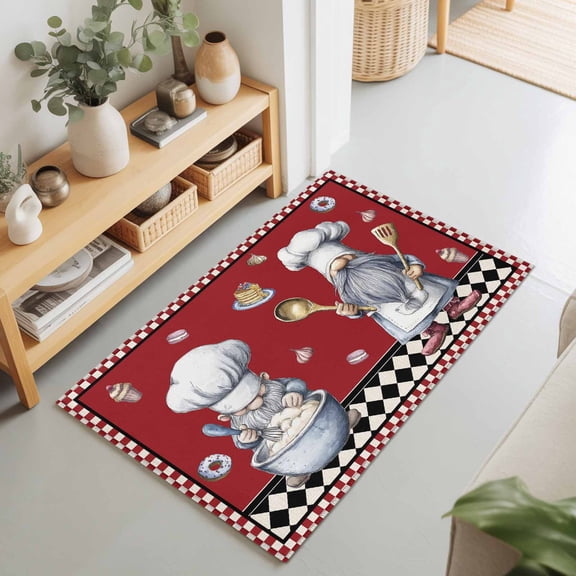 Retro Cartoon Dessert Chef Rectangle Rug 2'x3' Black and White Lattice Burgundy Red Washable Area Rugs for Living Room Bedroom Entryway Non Slip Entrance Door Mat Indoor Floor Carpet