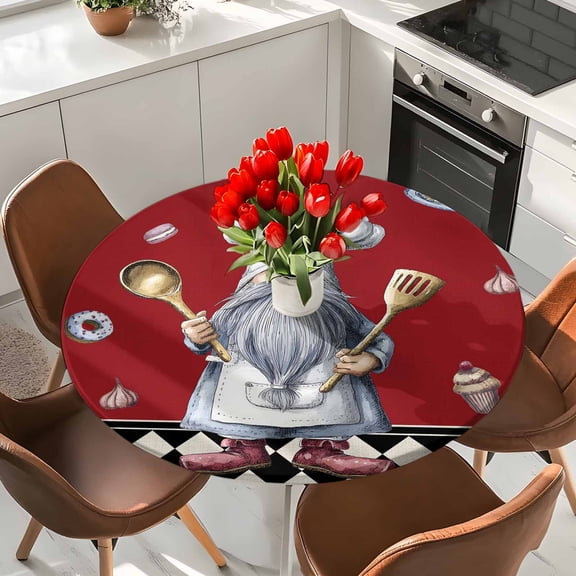 Retro Cartoon Dessert Chef Round Fitted Tablecloth with Elastic Edge,Waterproof Table Cloth Fits Tables Up to 36"-44",Washable Table Cover for Dinning Party,Black and White Lattice Burgundy Red