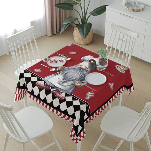 Retro Cartoon Dessert Chef Table Cloth 54x54in, Waterproof Square Tablecloth Wipeable Tablecloths Black and White Lattice Burgundy Red Table Covers for Dining Tables Party Indoor Outdoor