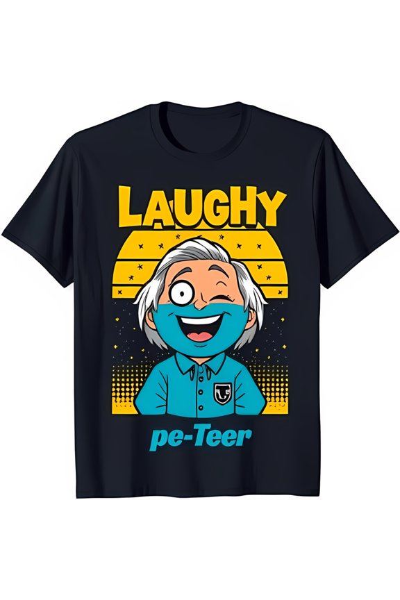 Retro Cartoon Graphic Black T-Shirt with Winking Man & 'Laughy pe Teer' Design