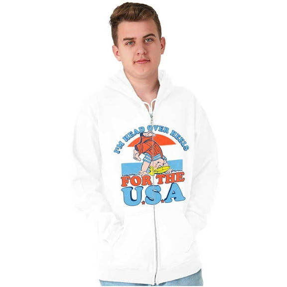 Retro Cartoon Head Over Heels for USA Unisex Plus Size Zip Hoodie Brisco Brands 5X