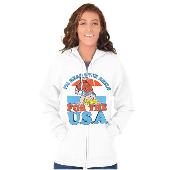 Retro Cartoon Head Over Heels for USA Zip Up Hoodie Men's Women's Brisco Brands L