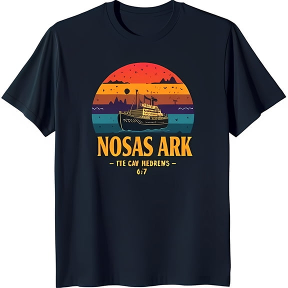 Retro Cartoon Noah's Ark Graphic on Black T-Shirt Whimsical Sunset Design
