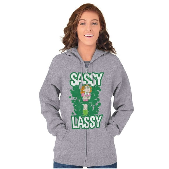 Retro Cartoon St Paddys Sassy Lassy Zip Hoodie Sweatshirt Women Brisco Brands S