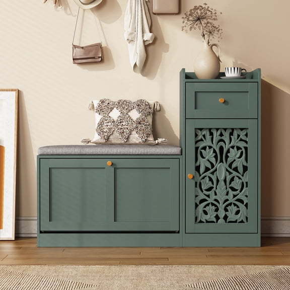 JOEMEY 40 inch Retro Carved Entryway Shoe Bench Multi-Arrangement Design with Storage Drawer, Green