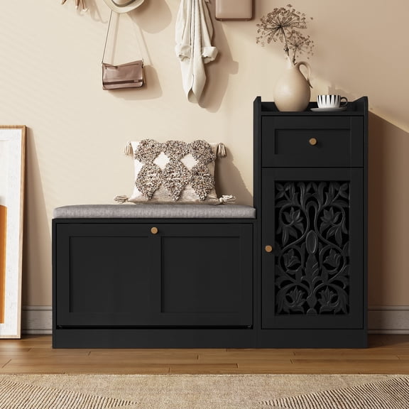 Retro Carved Entryway Shoe Bench, Versatile Multi-Arrangement Design with Storage Drawer