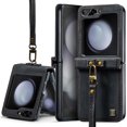 thumbnail image 1 of Retro Case for Samsung Galaxy Z Flip 5 Premium PU Leather Case Folded, Shockproof Phone Cover with Wrist Strap Shock-Resistant Slim Fit Case for Samsung Galaxy Z Flip 5, Black, 1 of 8