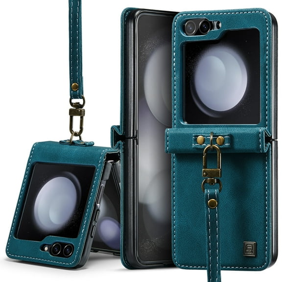 Retro Case for Samsung Galaxy Z Flip 5 Premium PU Leather Case Folded, Shockproof Phone Cover with Wrist Strap Shock-Resistant Slim Fit Case for Samsung Galaxy Z Flip 5, Blue