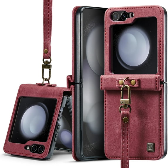 Retro Case for Samsung Galaxy Z Flip 5 Premium PU Leather Case Folded, Shockproof Phone Cover with Wrist Strap Shock-Resistant Slim Fit Case for Samsung Galaxy Z Flip 5, Red