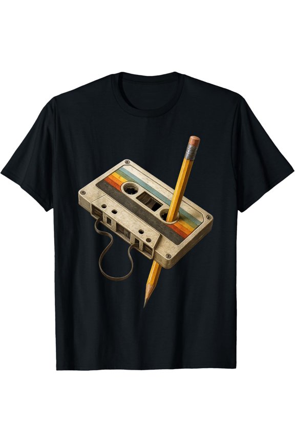 Retro Cassette and Pencil Funny 80s 90s Mixtape Nostalgia T-Shirt- Classic Unisex 100% Cotton Crew Neck T-Shirt Breathable Casual Everyday Wear Affordable Graphic Soft t shirt Cheap t shirts