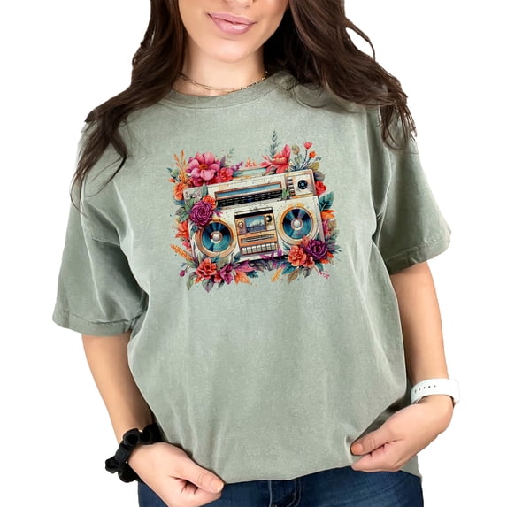 Retro Cassette Player Floral Graphic Tee, Vintage Music Lover T-Shirt, Floral Cassette Print, Music Themed Shirt, 80s 90s Inspired Design, Moss Comfort Colors T-Shirt, Medium