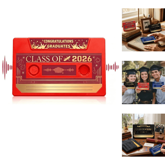 Retro Cassette Tape Class of 2026 Graduation Keepsake, Voice Recordable Talking Greeting Card, Reusable Audio Message Gift Red