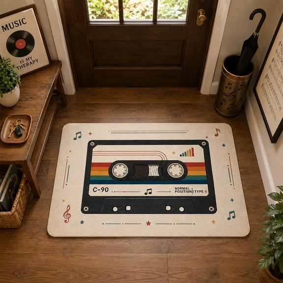 Retro Cassette Tape Diatomaceous Earth Bath Mat, Music Note Prints Non Slip Absorbent Quick Dry Bathroom Rug, Soft Skin-Friendly Shower Floor Mat for Entryway Studio Home Decor, 2 Size Optional