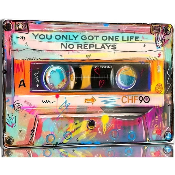 Retro Cassette Tape Graffiti Canvas Wall Art, "You Only Got One Life" Inspirational Quote Decor, Framed Urban Street Art Print for Living Room, Studio & Music Room 8*12inch(20*30cm)