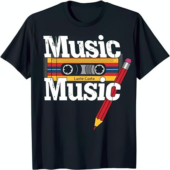 Retro Cassette Tape Graphic Black T-Shirt with 'Music Music' Design