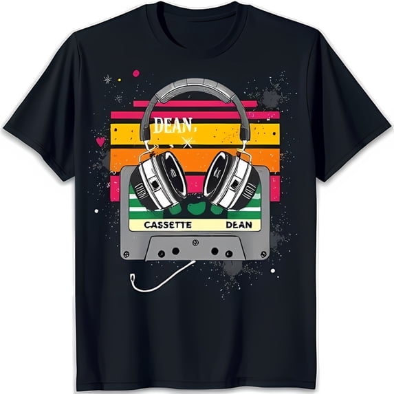 Retro Cassette Tape & Headphones Graphic Black T-Shirt Nostalgic Vintage Style