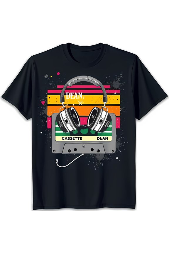 Retro Cassette Tape & Headphones Graphic Black T-Shirt Nostalgic Vintage Style