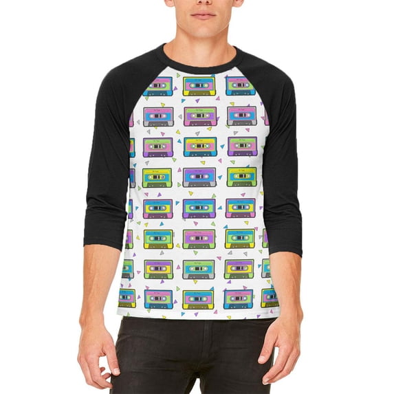 Retro Cassette Tape Pattern Mens Raglan T Shirt White-Black X-LG