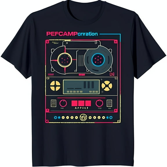 Retro Cassette Tape Player Graphic T-Shirt Dark Blue with Colorful Accents 'PEFCAMPCrration' Design