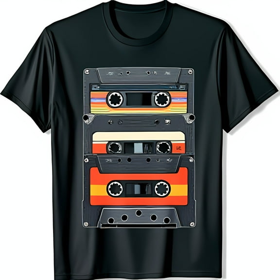 Retro Cassette Tapes Graphic Black T-Shirt Vintage Style Statement Tee