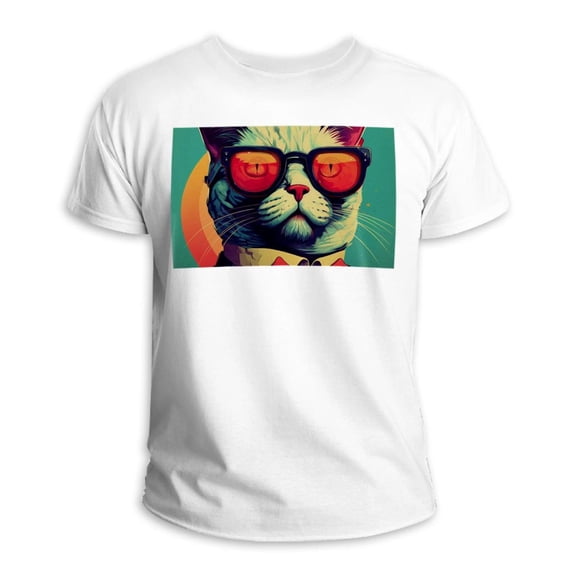 Retro Cat 100% Cotton White T-Shirt | Classic Men's Casual Top | Comfortable Summer Tee for Everyday Wear | Lightweight Breathable Fabric