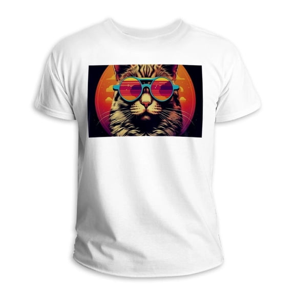 Retro Cat 100% Cotton White T-shirt - Classic Fit Comfortable Tee for Men and Women - Lightweight Breathable Fabric - Casual Everyday Wear