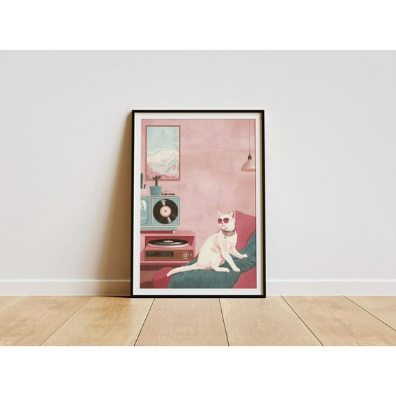 Retro Cat Art Print, Mid,Century Modern Pink Decor Home Decor #2047, 24x36 UNFRAMED