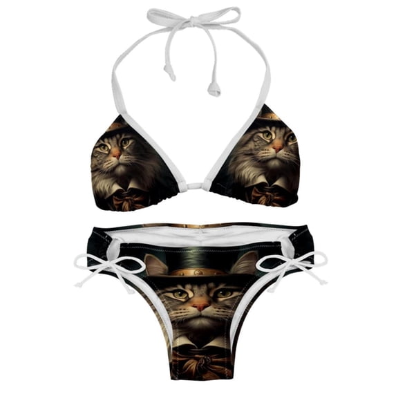 Retro Cat Chic One-Piece Swimsuits Bikini Set: Detachable Sponge, Adjustable Strap, Two-Pack, for Pools and Beaches