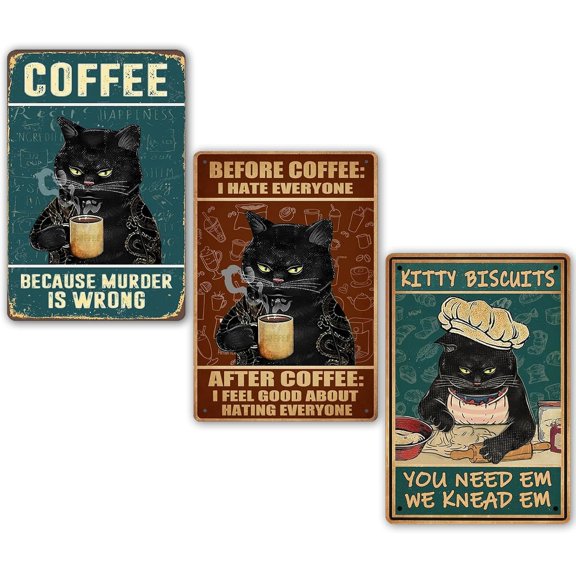 Retro Cat Coffee Metal Sign Vintage Kitchen Signs Wall Decor Funny Coffee Sign Retro Cat Posters Vintage Metal Tin Sign Kitchen Signs 8x12