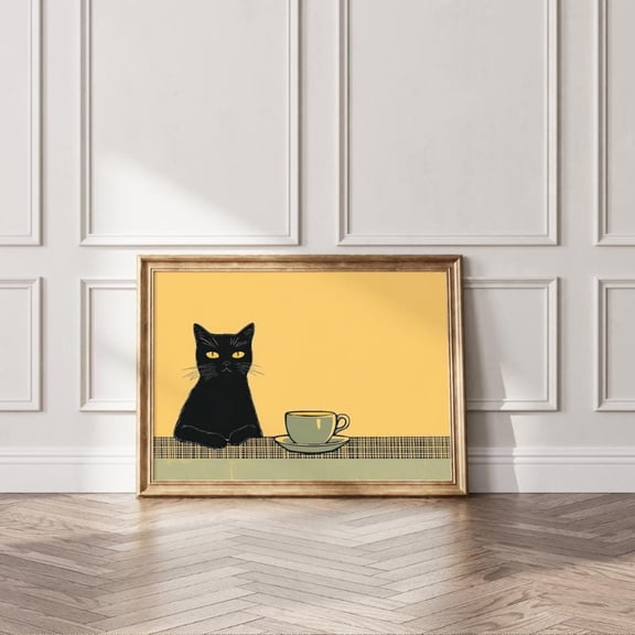 Retro Cat Coffee Wall Art, Modern Wall Decor, Portrait Ink Poster, Office Bedroom Home Decoration, Unique Cozy Poster, 8x12 UNFRAMED