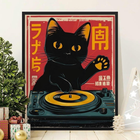 Retro Cat DJ Art Print Mid Century Modern Wall Decor Music Poster, Unframed Paper Poster 8x10in