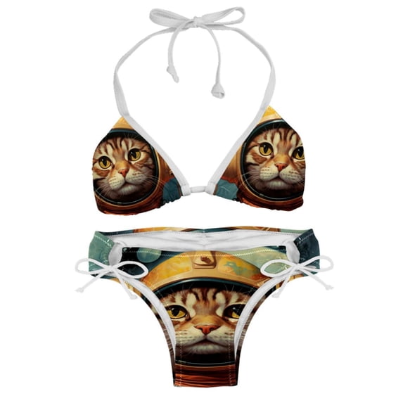 Retro Cat Detachable Sponge Adjustable Strap Bikini Set Two-Pack Beachwear Scene Swimsuit
