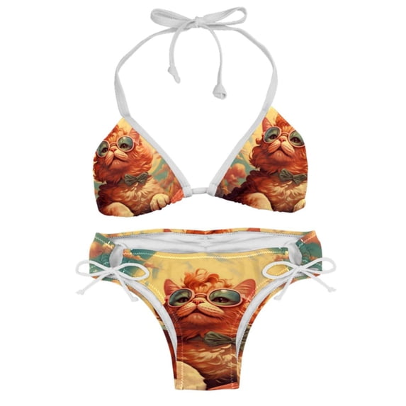 Retro Cat Detachable Sponge Adjustable Strap Bikini Set Two-Pack - Ideal for Beach & Pool Parties
