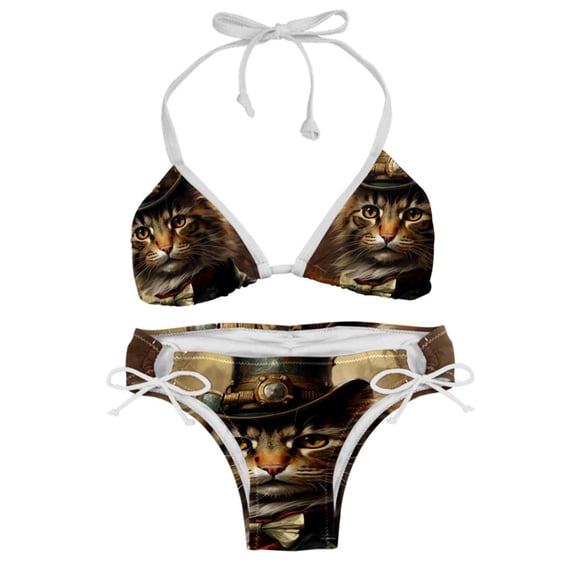 Retro Cat Detachable Sponge Adjustable Strap Bikini Set Two-Pack Swim Suits - Ideal for All Your Swimming Scenes!