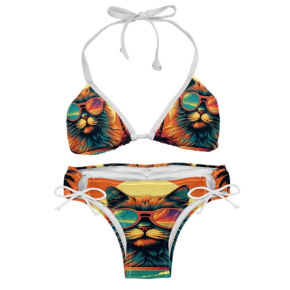 Retro Cat Detachable Sponge Adjustable Strap Bikini Set Two-Pack Swimsuit Swim Suit - Beach Pool Vacation Club