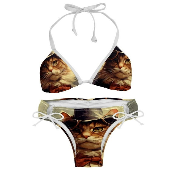 Retro Cat Detachable Sponge Adjustable Strap Bikini Set Two-Pack Swimsuit Swim Suit - Beach Pool Vacation Club
