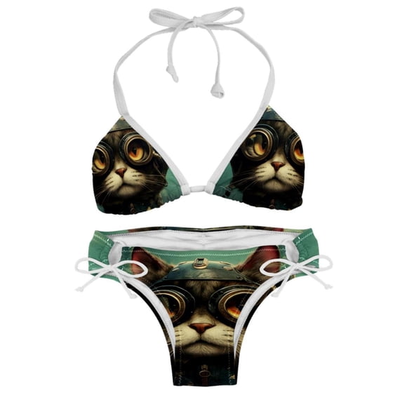 Retro Cat Detachable Sponge Adjustable Strap Bikini Set Two-Pack Swimsuit Women Swim Suit