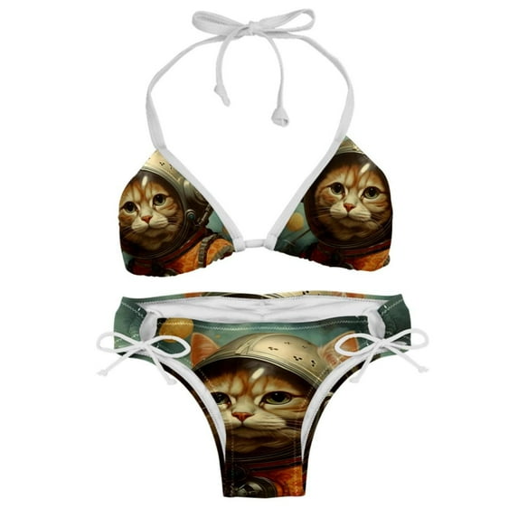 Retro Cat Detachable Sponge Adjustable Strap Bikini Set Two-Pack - Versatile Swim Suit for All Scenes
