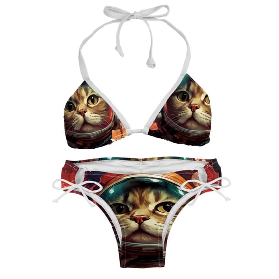 Retro Cat Detachable Sponge Adjustable Strap Bikini Set Two-Pack - Versatile Swim Suit for All Scenes