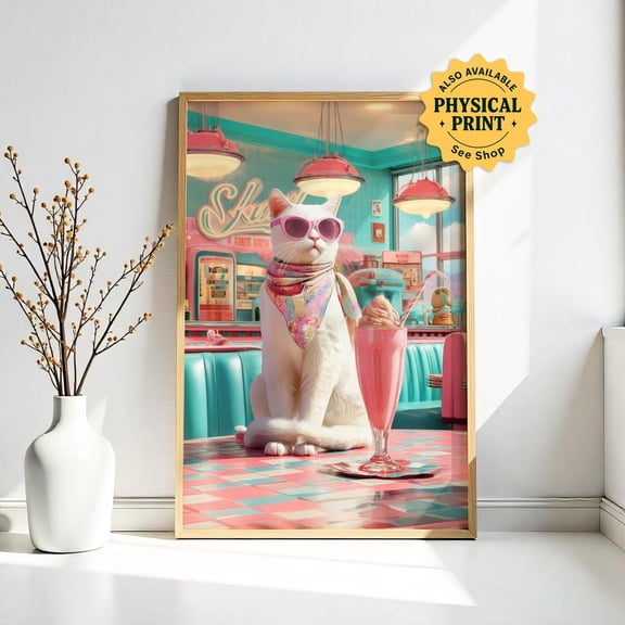 Retro Cat Diner Print, Mid,Century Modern Atomic Art Unframed Paper Print