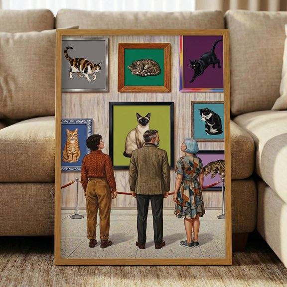Retro Cat Gallery Museum Wall Art Mid Century Modern Decor Quirky Animal Vintage Exhibition Lover, Unframed Poster
