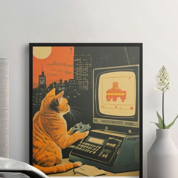 Retro Cat Gamer Computer Art Geek Office Poster , Poster Print Only