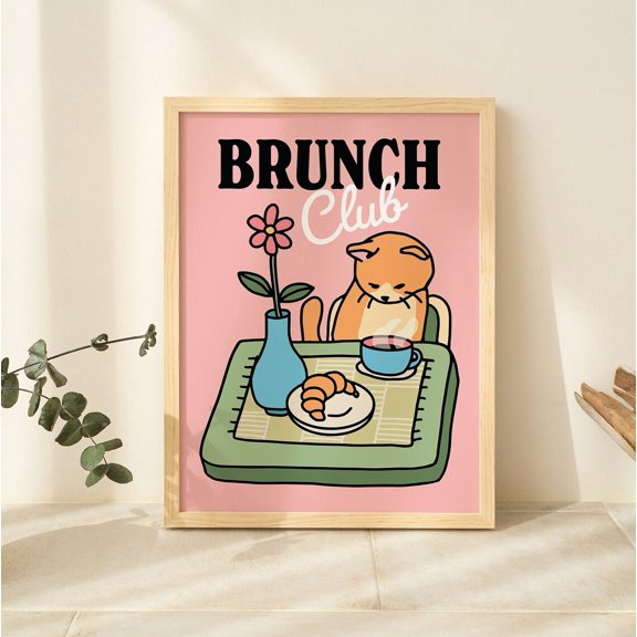 Retro Cat Kitchen Print, Brunch Club Cafe Poster, Pink Cats Illustration, Cute Dining Room Prints, Pastel Cat Posters, Dorm Decor