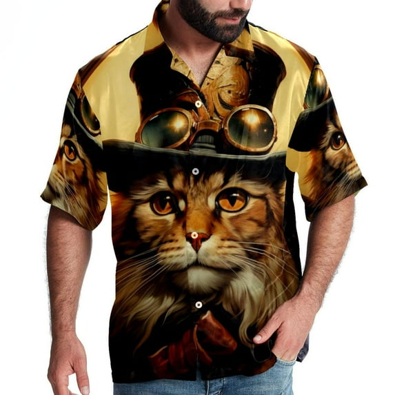Retro Cat Men's Casual Printed Poplin Short Sleeve Button Down Beach Shirt with Spread Collar Top